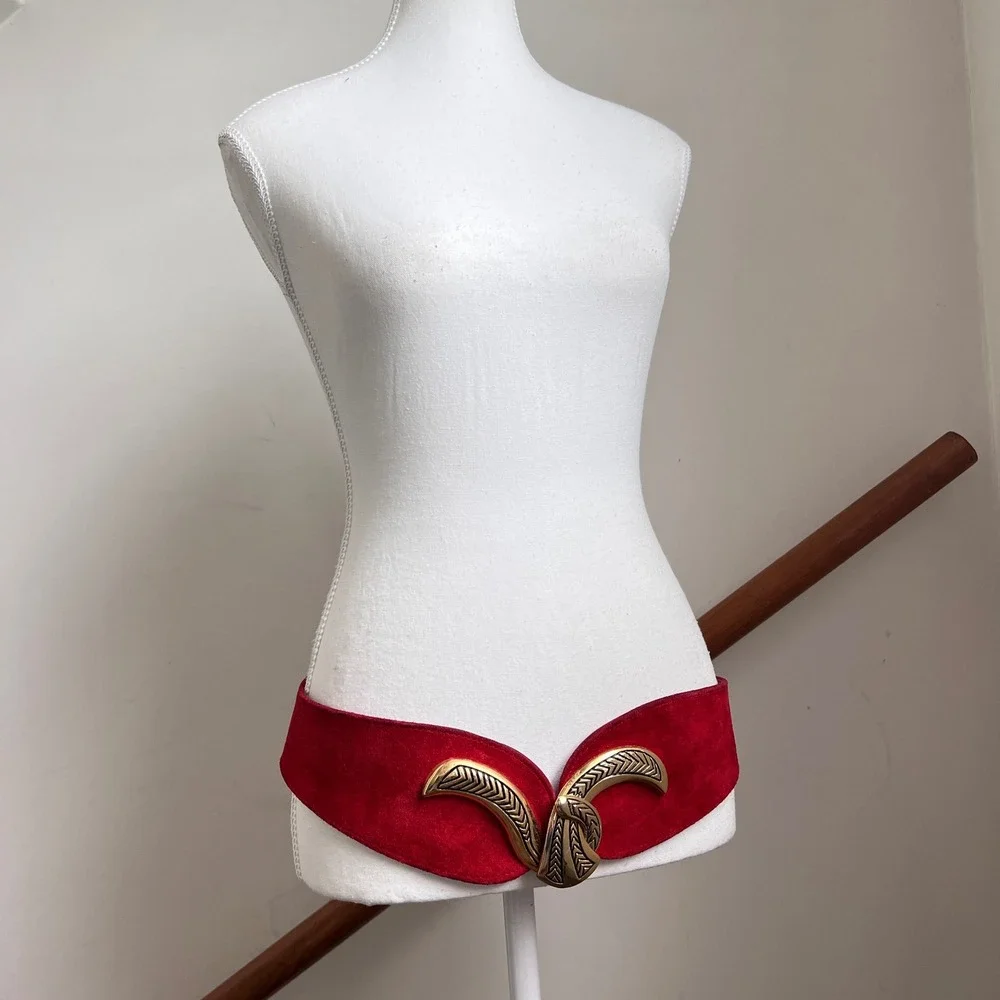 Vintage 80s Statement Belt Red Suede Leather Gold Ornate Buckle Wide Thick Big